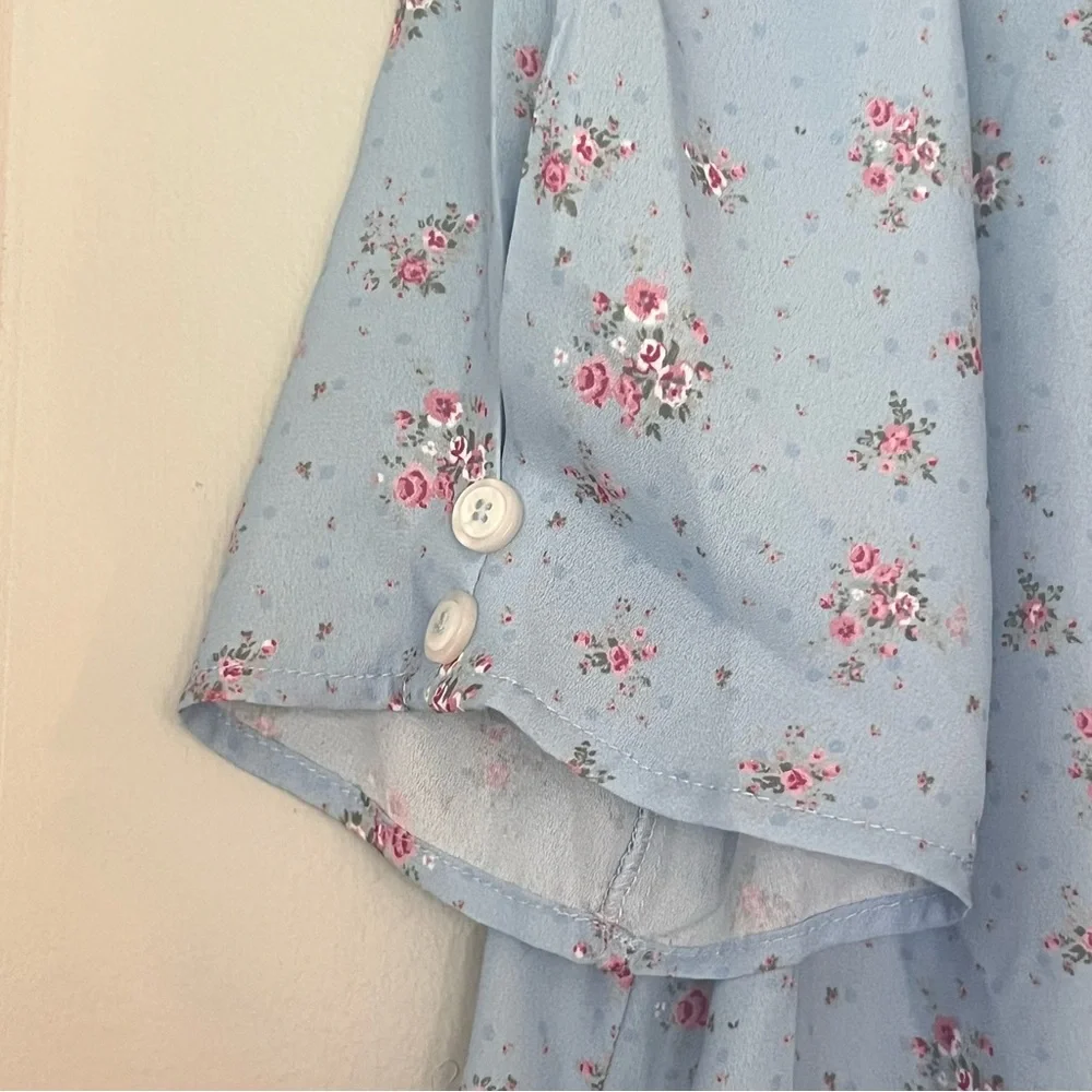 Simple Retro Blue Pink Romantic Bohemian Peter Pan Collar Button Down Top  NWT L - Picture 5 of 10